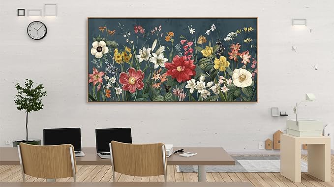 yearainn Botanical Framed Wall Art - Colorful Flowers Bouquet Canvas Pictures Wall Decor Wildflowers Painting Artwork Blooming Floral Prints Living Room Office Home Decor Natural Wood Frame 48" x 24"
