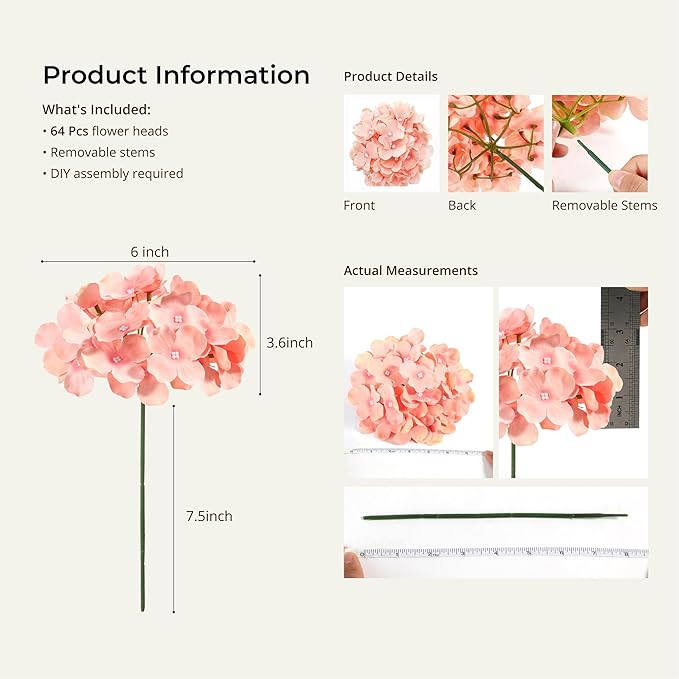 Auihiay 64 PCS Full Hydrangea Flowers, Silk Hydrangea Artificial Flowers Heads with Stems, Artificial Flowers for Wedding, Garden, Baby Shower, Party, Outdoor Indoor Decoration (Light Peach)