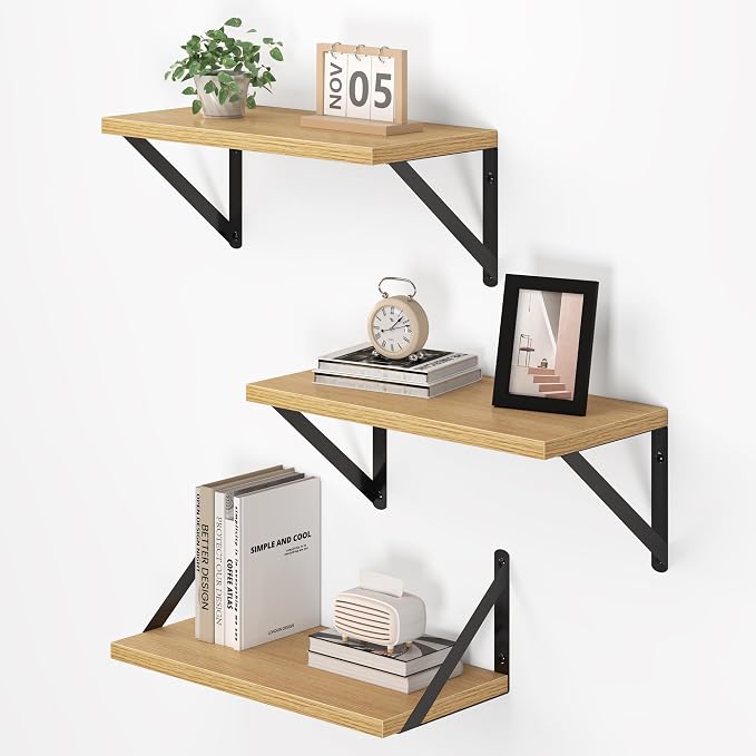 Vivelove 8 Inch Deep Floating Shelves for Wall, 16W x 8D Wood Wall Shelves Set of 3, Rustic Oak Wide Floating Bookshelf for Living Room, Kitchen, Office, Bedroom, with Black Metal Bracke - Oak