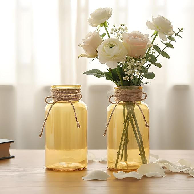 Vintage Glass Flower Vase, Farmhouse Glass Centerpiece Vases Mason Jars for Weddings, Parties & Home Decor Bulk (3, Gold)
