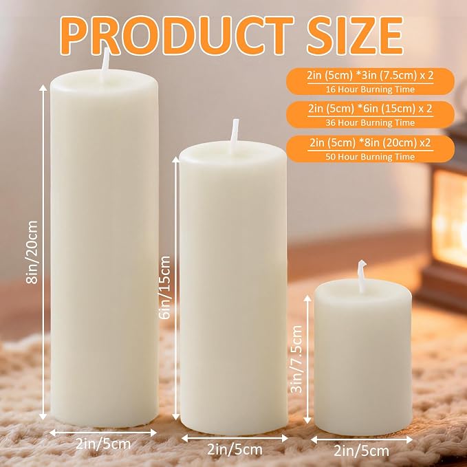 White Pillar Candles, 6-Pack Bulk Set in 3 Sizes (3, 6 & 8 Inch - 2 Each). Dripless, Unscented & Smokeless Hurricane Candles for Weddings, Parties & Home Decor.