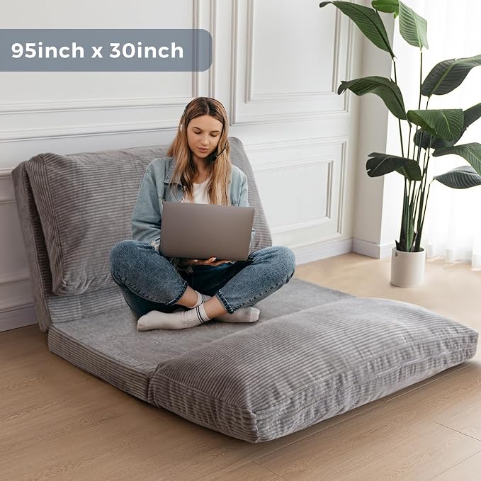 MAXYOYO Folding Sofa Bed, Floor Sofa Convertible Chair with Washable Cover, Floor Couch Lounge Bean Bag Chair Bed for Living Room, Grey, 30x91 Inch