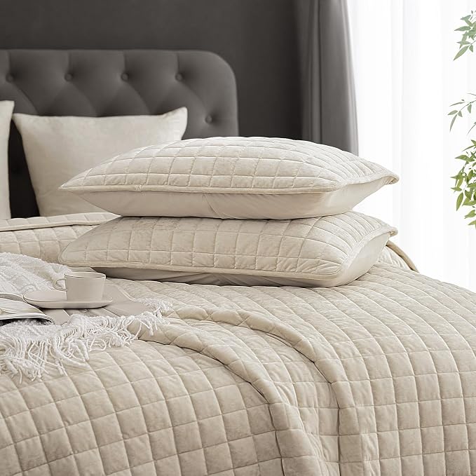 PHF Luxurious Velvet Quilt Set King Size – 3PCS Super Soft Quilted Comforter Alternative with Square-Box Quilt Pattern, Warm Quilted Bedspread Coverlet, 108" x 92", Sand