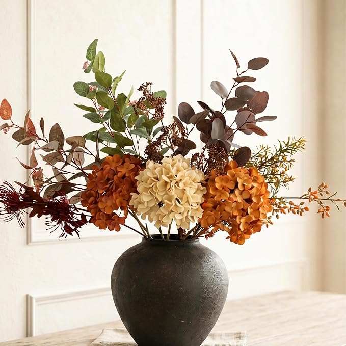 Faux Arrangement - Burnt Orange Hydrangea & Eucalyptus Stems, Fall Centerpieces for Tables, Large Floral Arrangement, Real Touch Artificial Fall Flowers for Thanksgiving & Autumn Dining Table