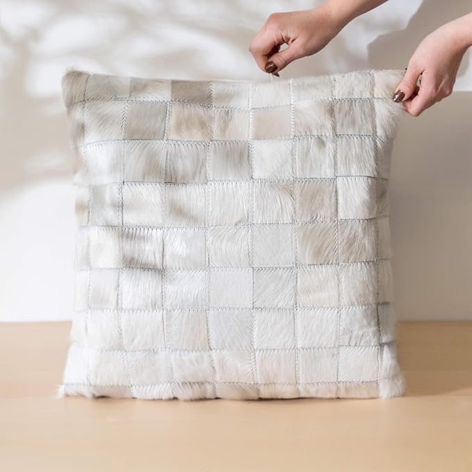 ecowhides 100% Genuine Brazilian Cowhide Patchwork Pillow Cover – White – Single-Sided – Luxury Leather Decorative Cushion for Rustic & Western Home Décor – 20” x 20”