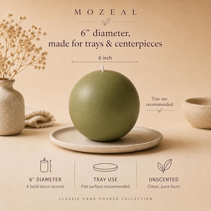 MOZEAL Hand-Poured, 6 Inch Olive Green Large Round Ball Candles - Elegant Olive Green Round Pillar Candles, Dripless, Unscented, Smokeless, Ideal for Autumn Gatherings.