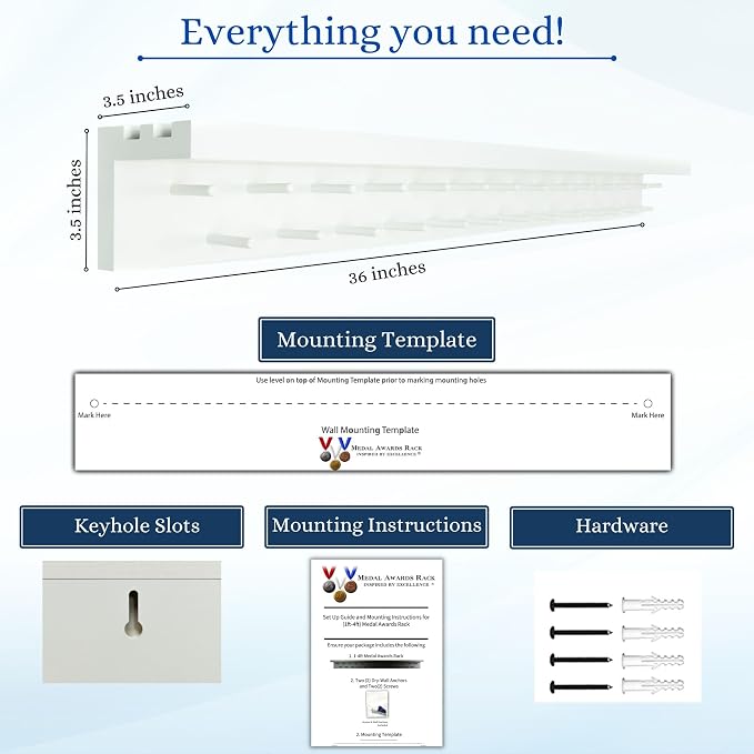 3ft Medal Hanger Display for Wall — Trophy Shelf with Hooks for Medals — 36" Solid Wood — Holds 30+ Medals + Cased Medals for Running, Gymnastics, Cheer, Karate — White- Medal Awards Rack