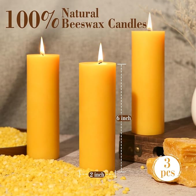 3 Pack Beeswax Pillar Candles,60 Hour Unscented Yellow Beeswax Candle | 2x6 Inch,Organicn Natural 100% Pure Bees Wax Candles for Home,Emergency, Non-toxic Dripless Pillar Candle Bulk