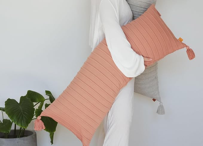 Pink Clay Ribbed Lumbar Pillow Cover – 14x36 Cotton Knit with Tassels, Earthy Blush Accent for Sofa, Bench, or Bed