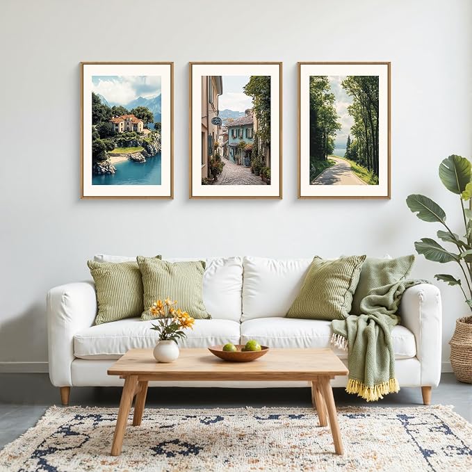 Large Vintage Italy City Coast Framed Canvas Wall Art,Modern French Country Street Wall Decor,Natural Town Tree Landscape Artwork for Living Room,Dining Room,Office -24"x36"x3