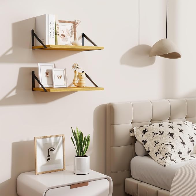 Acovy Floating Shelves for Wall,18" Wall Mounted Shelves Set of 2,Wood Floating Shelf with Bracket,Sturdy Metal Bracket Bookshelves Home Decor Storage for Living Room,Bedroom,Bathroom,Kitchen,Oak
