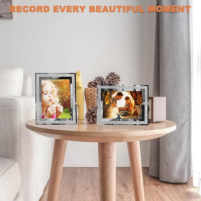 IZIDDO 5x7 Picture Frames Set of 2, Glitter Glass Photo Frame for Tabletop Display, Gift Picture Frame, Horizontally or Vertically