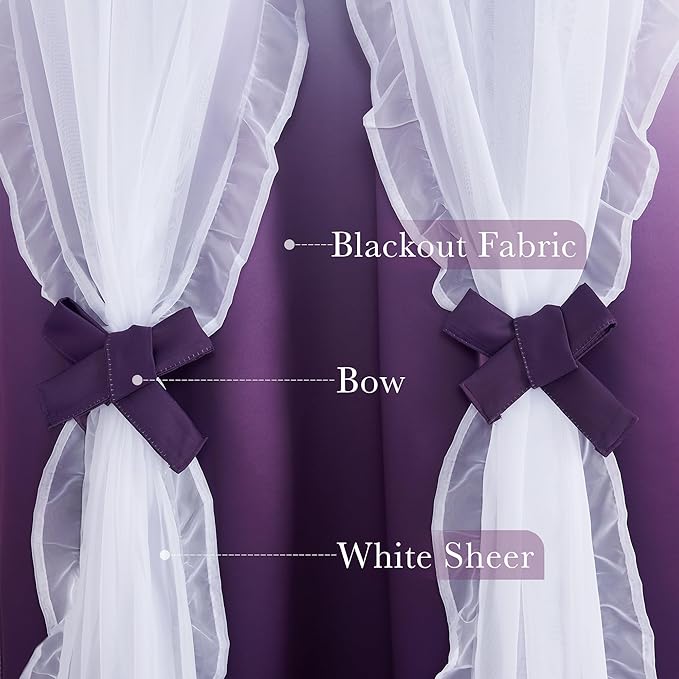 PONY DANCE Blackout Curtains for Living Room Decor Window Treatment Double Layer Drapes Ruffle Sheer Overlay,Moody Curtains, W 52 x L 84 Inches, Ombre-Purple, 2 Panels