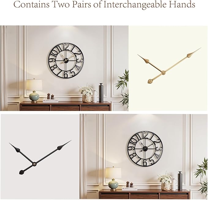 Vantic 24 Inch Large Wall Clock, Arabic Numeral Metal Oversized Wall Clocks for Living Room Decor, Bedroom and Kitchen, Completely Silent, Non Ticking, Battery Operated