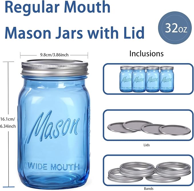 Rubtlamp Blue Mason jar 32 oz, 12 Pack Glass Jars - Wide Mouth Mason Jars with Airtight Lids for Pickling, Fermenting, Food Storage&DIY Crafts, Microwave & Dishwasher Safe