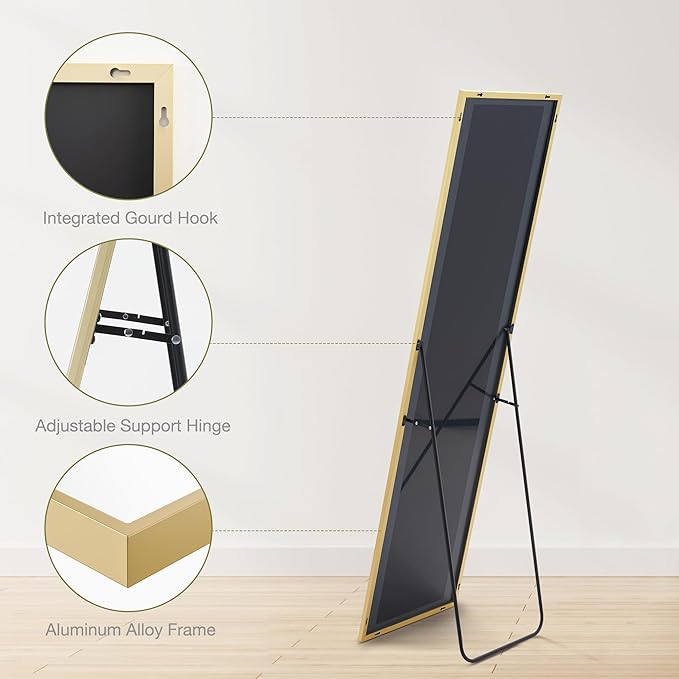DUMOS 16"x59" Full Length Mirror with Stand, Floor Standing Aluminum Frame, Shatter-Proof Nano Glass for Bedroom, Living Room, Cloakroom – Modern Simple Home Decor,Can Be Hanging or Leaning, Gold
