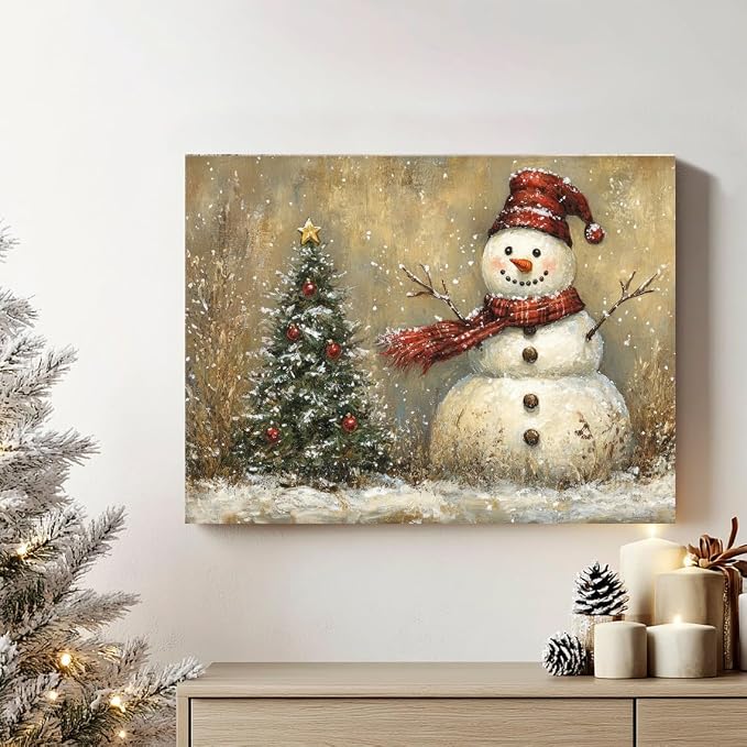 Rustic Christmas Wall Decor Pine Tree Snowman Picture for Living Room Retro Christmas Tree Poster Bedroom Abstract Snowy Winter Scene Canvas Prints Painting Holiday Artwork Xmas Home Decoration 12x16"
