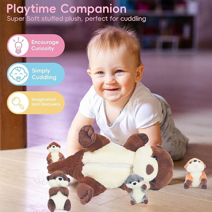 5 PCS Sea Otter Stuffed Animals, Large Mommy Otter Plush with 4 Babies Stuffed Otters Inside, Soft Cuddly Otter Plushies Pillow Toy Gift for Kids Easter Birthday Christmas Ocean Party