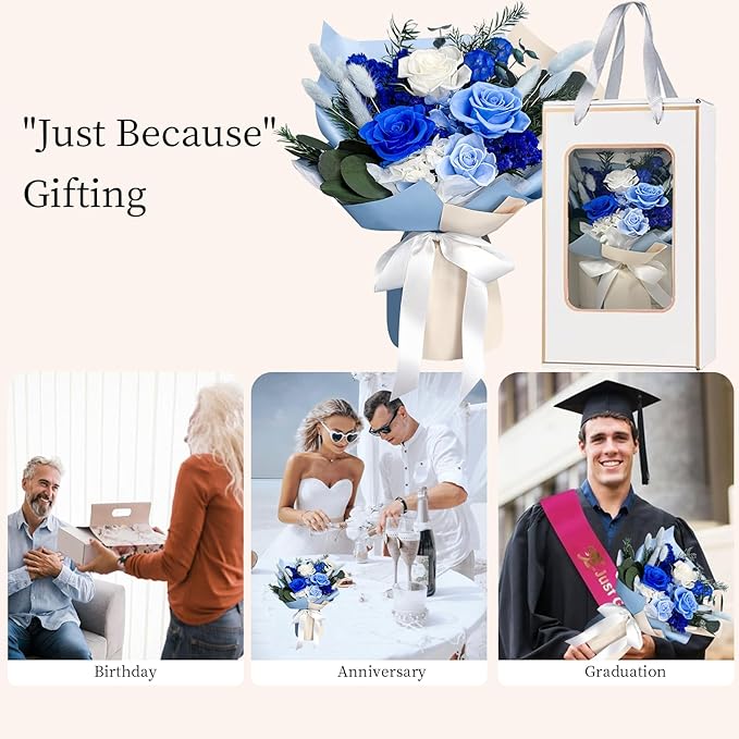 FNCHAI Preserved Roses Bouquet – Flowers for Delivery, Valentines Day Gifts for Him, Long-Lasting Romantic Real Roses for Anniversary, Graduation, Father’s Day & Beach Weddings (Blue)