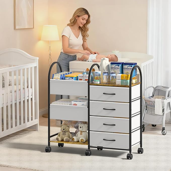 Baby Diaper Caddy Organizer Cart with Wheels, 4-Tier Rolling Diaper Cart with Dividers and Drawers, Multi-Layer Nursery Storage for Diapers & Baby Essentials