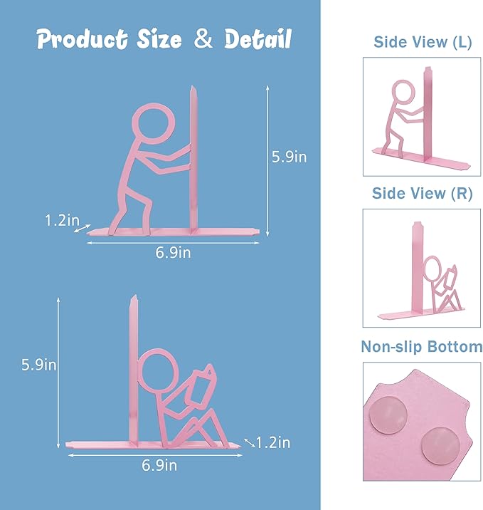 Metal Unique Office Desk Bookends Bookends Decorative Cute Book Ends Reading Decor Bookshelf Decor for Office School Library Bedroom, Book Lovers Gift（Pink）