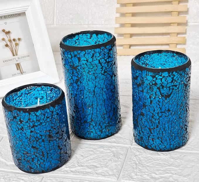 TELOSMA LED Mosaic Flameless Candle, Blue Cracked Glass Pattern Flikering Wick Pillar Candle - Wedding Table Centerpieces Fireplace Decor - Set of 3