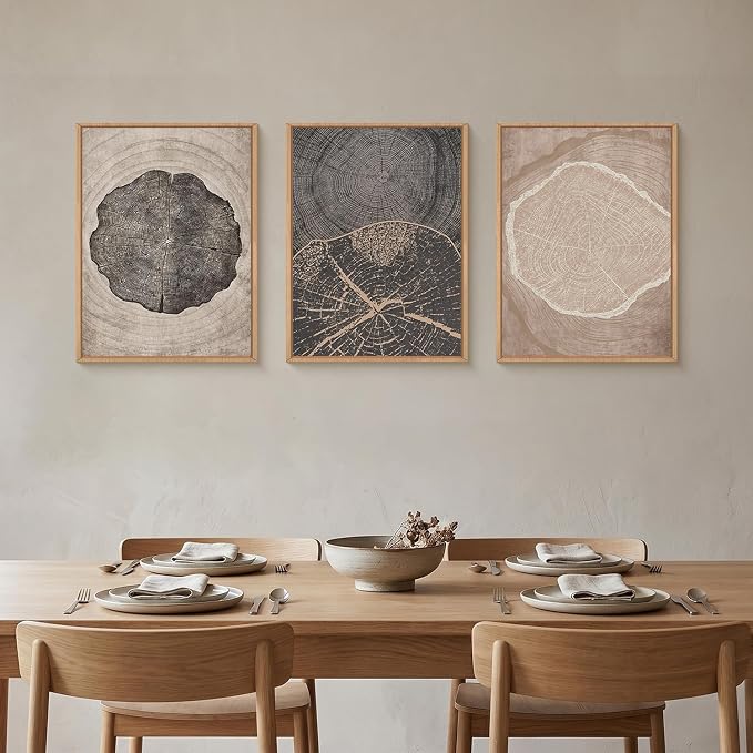 HOURIA Neutral Brown Tree Rings Framed Canvas Wall Art Set,Vintage Abstract Dark Gray Wood Stump Wall Decor,Modern Minimalist Wood Grain Slice Artwork for Living Room,Bedroom,Farmhouse- 12"x16"x3