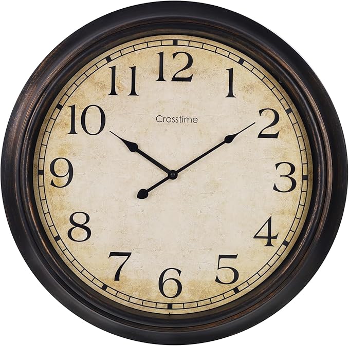 Crosstime 24 Inch Wall Clock Battery Operated Silent Round Vintage Large Wall Clocks for Living Room Farmhouse Decor, Black-Brown