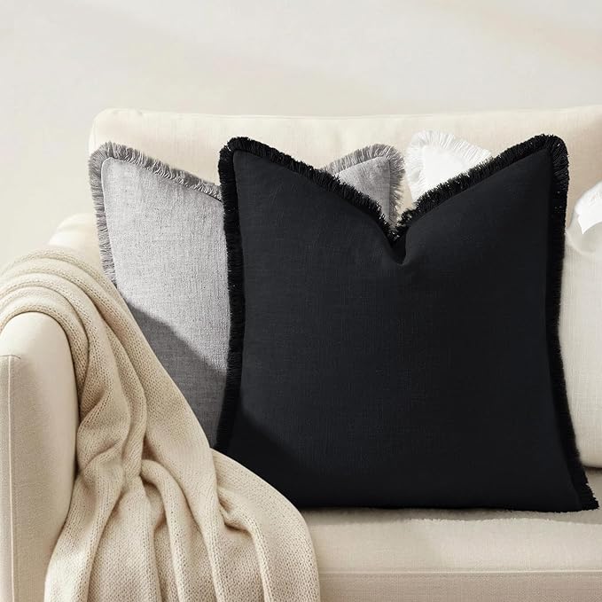 decorUhome Summer Decorative Neutral Linen Fringe Euro Sham Throw Pillow Covers Set of 2 Black Pillow Covers with Tassels Soft Farmhouse Boho Accent Pillow Cases for Couch Bed Sofa 22x22 Inch