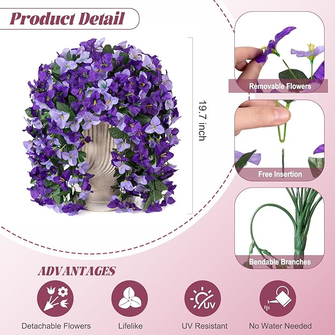 INXUGAO 2 pcs Artificial Faux Bougainvillea Flowers Plants for Outdoor Outside Summer Decoration, Fake Silk UV Resistant Long Trailing Vines for Front Door Porch Planter Balcony (Purple Dark Purple)