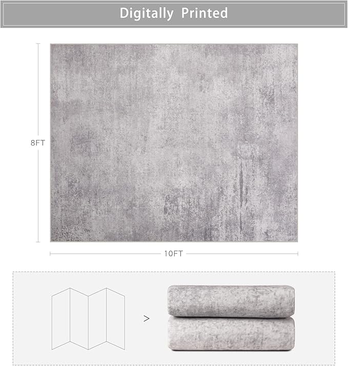 Srugn Washable Rugs 8x10 Area Rugs for Living Room,Modern Abstract Rugs for Bedroom,Large Carpets,Ultra Soft Faux Wool Retro Dining Room Rug,Non Slip&Non-Shedding Low Pile Print Rug- Grey