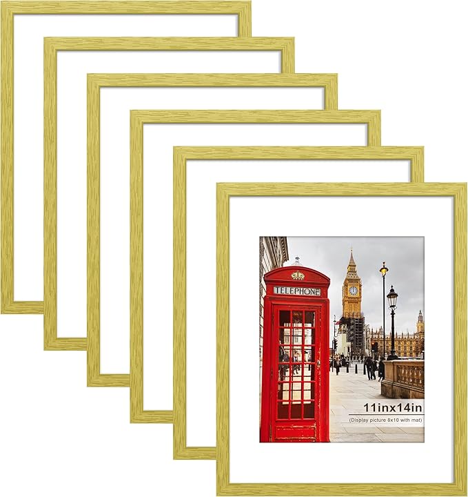 PEALSN 11x14 Picture Frame Set of 6, Display Pictures 8x10 with Mat or 11x14 without Mat for Wall Mounting or Table Top Display, Photo Frames Collage for Wall Decor, Gold.