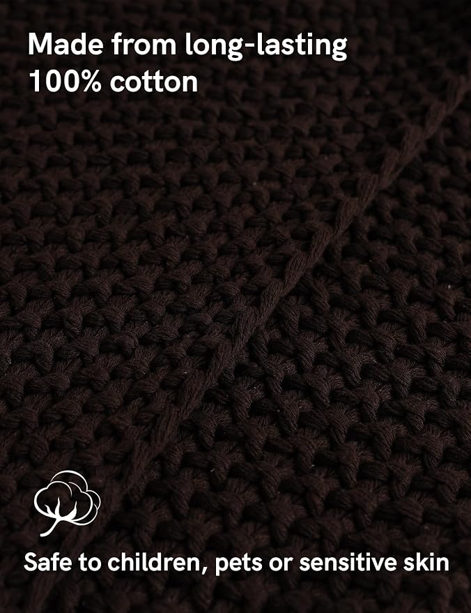 YnM Chunky Cotton Knit Throw Blanket, Cable Knit Throws for Bed Couch Sofa, Comfy & Relaxing, Decorative Piece for Farmhouse Modern Boho Rustic Scandinavian Chic Vibe, Chocolate Brown 80x87 Inches