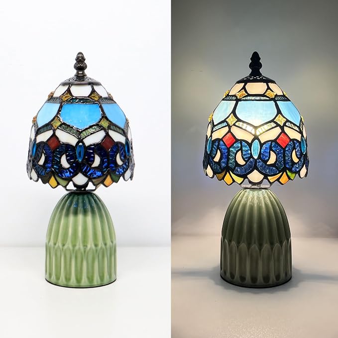 Tiffany Stained Glass Mushroom Table Lamp 12.5 Inch -Blue Jewelry | Tiffany Lamp,6X6X12.5 Inch,Small Night Light,Ceramic Base, Mini Accent Light Suitable,Bedside,Bedroom, Children Room,Antique
