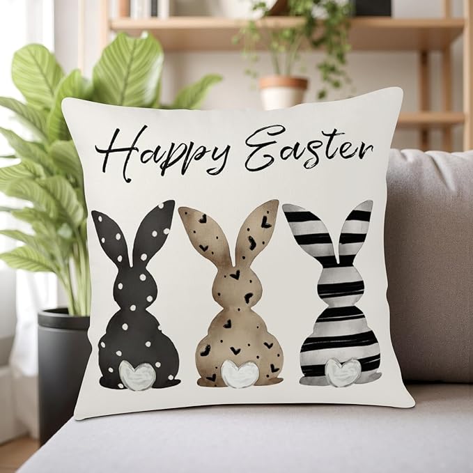 Happy Easter Throw Pillow Covers Striped Polka Dot Brown Bunny Pillow Covers 16x16 Black White Easter Eggs Pillow Cases Spring Rabbit Farmhouse Cushion Case for Home Sofa 2 Pack
