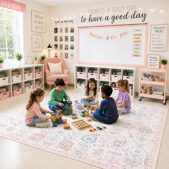 Lahome Flavie Nursery Rug 5x7, Soft Washable Floral Dorm Rug, Non Slip Low Pile Carpet for Bedroom, Kids Room, Nursery, Dorm Room and Classroom Decor, Beige