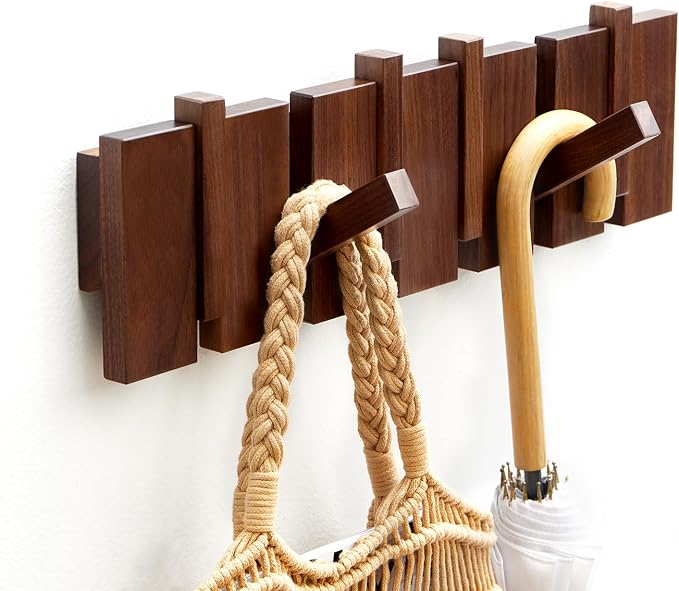 Wood Coat Rack Wall Mount - Large Walnut Piano Coat Rack wtih 5 Hooks for Hanging Clothes,Keys,Robes,Purse,Towels,Modern Decorative Wall hooks Heavy Duty Hanger Organizer for Bathroom/Bedroom/Entryway
