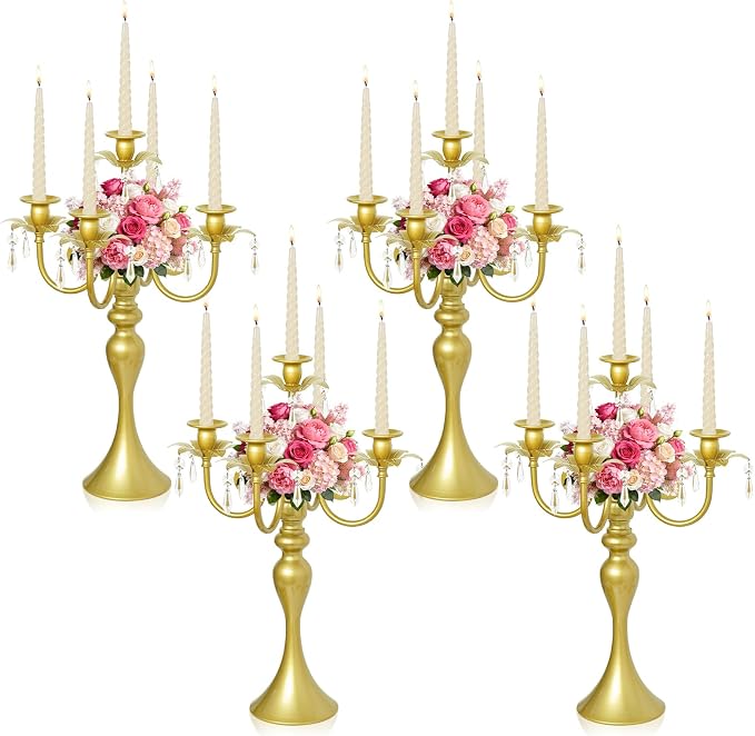 20.3'' Tall 5 Arm Silver Candelabra Centerpiece for Table, Metal Candelabra Candle Holder, Retro Candelabra Table Centerpieces for Party, Events, Home, Wedding Decor (4, Pure Gold, 5 arm)