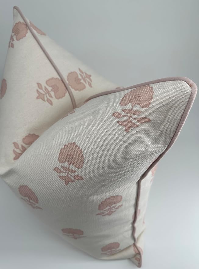 Jillien Harbor “The Lauderdale” Floral Block Print Pillow Cover – Blush Pink and Off-White Decorative Throw Pillow Cover – Grandmillennial Home Decor, 20" x 20"