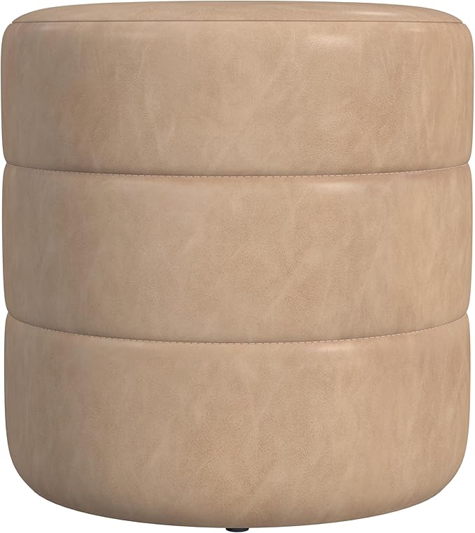 HomePop Upholstered Faux Leather Round Ottoman (No Lid, Seat Only) | HomePop Home Décor | Round Pouf Foot Rest – Sand Faux Leather