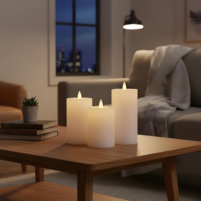 Flameless Pillar Candles Flickering with Remote Timer, Battery Operated LED Candles Up to 400 Hours, 3D Moving Flame Real Wax Candles, Set of 3, D3 x H4, 5", 6",Remote Included(Ivory)