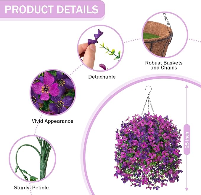 INXUGAO Artificial Hanging Flowers Plants with Basket for Outdoors, Realistic Faux Silk Daisy Flower Eucalyptus for Spring Decor, UV Resistant Fake Plants for Porch Patio Yard Balcony, Violet