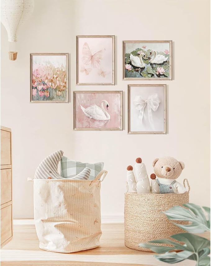 Coquette Pink Wall Art Decor Aesthetic Swan Posters Bow Flower Canvas Wall Art Preppy Cute Pictures Trendy Butterfly Posters Coquette Aesthetic Prints for Girl Dorm Room Bedroom 12x16x5 Inch Unframed