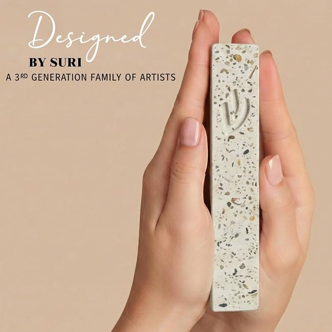 SURI Mezuzah Case – 5 Inch Terrazzo Cream and Pink Concrete Jewish Door Mezuza Cover with Non Kosher Scroll, Self-Stick Adhesive, Fits a 4 Inch Scroll, Gift Box Included
