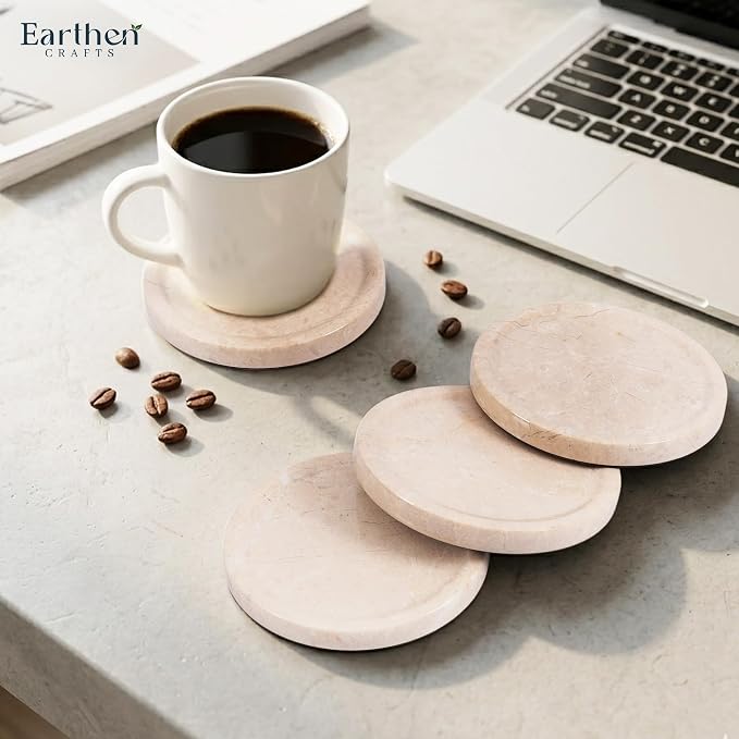 Marble Coasters Set of 4 Beige 4 Inches Round Coaster Set Natural Stone Drink Coasters, Coaster for Drinks, Coffee Table, Kitchen, Bar Décor