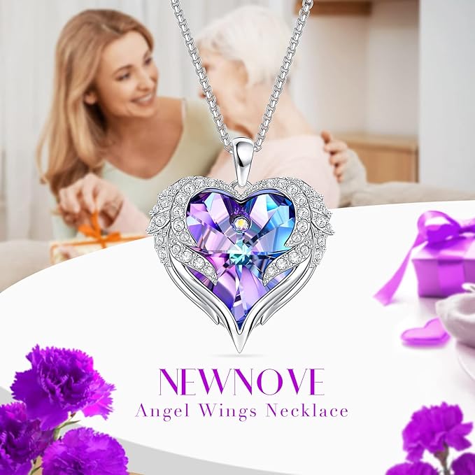 Preserved Real Purple Rose with Angle Wings Necklace, Forever Flowers Gifts for Mom Grandma Wife Girlfriend at Valentines Mothers Day, Anniversary Birthday Gifts for Women, I Love You Gifts for Her