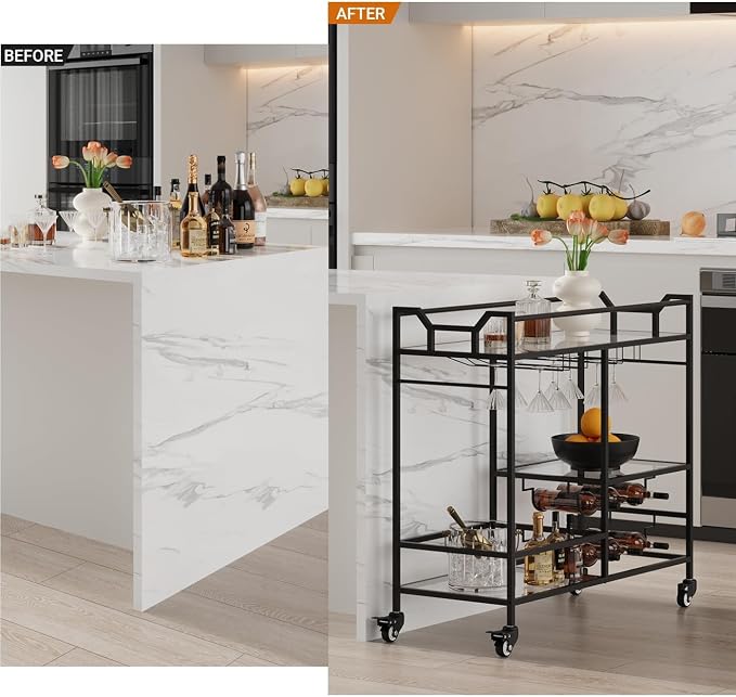 Black Bar Cart, Home Bar Serving Cart with Handle, Wine Cart with 3-Tier Glass Shelves, Beverage Cart with Wine Rack and Glass Holder, Bar Carts for The Home, Dining Room