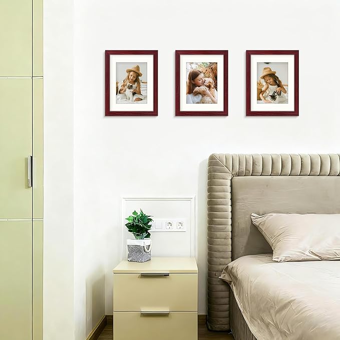 Picrit 8.5x11 Picture Frame Set of 12, Display 6x8 with Mat or 8.5 x 11 without Mat, Photo Frames for Wall Mounting or Table Top Display, Dark Red Wood