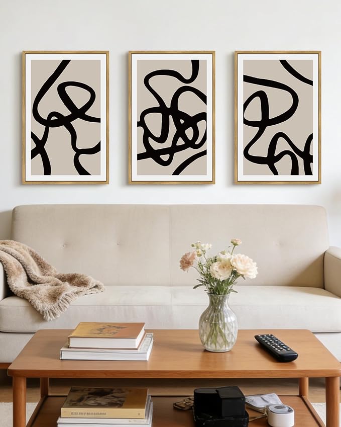 PHOPAGO Black and Gray Abstract Framed Wall Art Large 16x24in Decor Ink Wash Dark Brush Stroke Prints Shapes Illustrations Modern Art Decorative Ready To Hang - Natural Framed