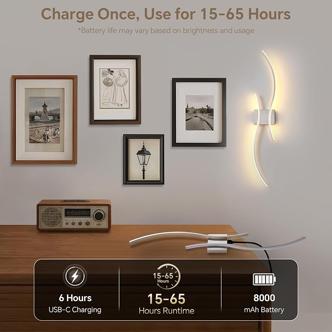 Battery Operated Wall Sconce Set of 2, Dimmable Modern LED Rechargeable Wall Light with Remote Control, Wall Decor for Living Room, Hallway, Quick Install, No Electrician Required